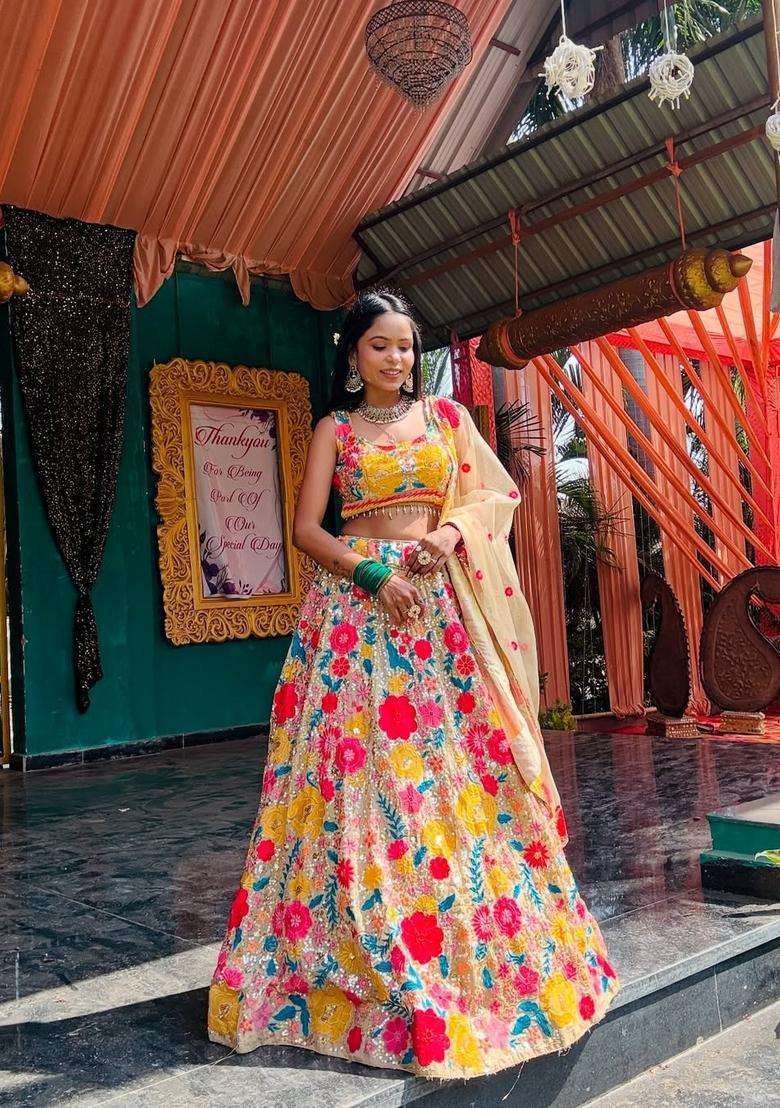 Chiku Embroidery Georgette Lehenga Set for Diwali and Festive Wear - Indya