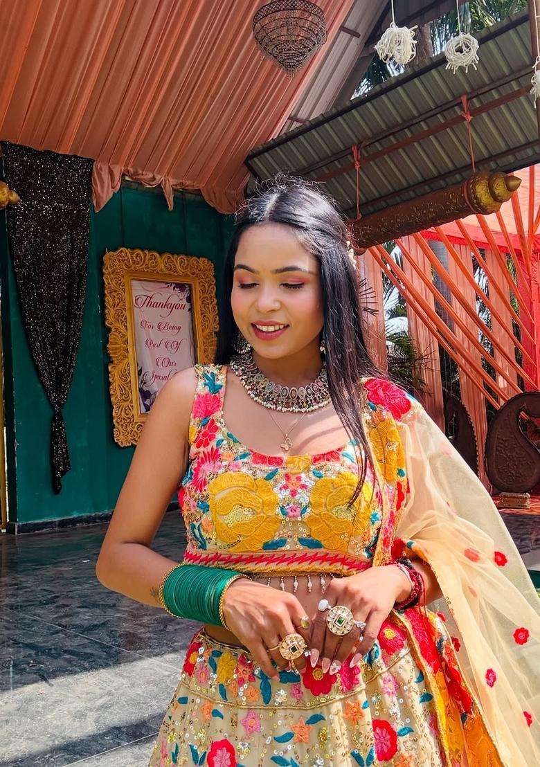 Chiku Embroidery Georgette Lehenga Set for Diwali and Festive Wear - Indya