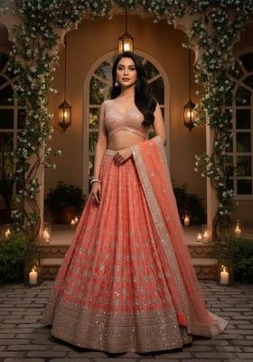 Orange Embroidery Silk Lehenga Set