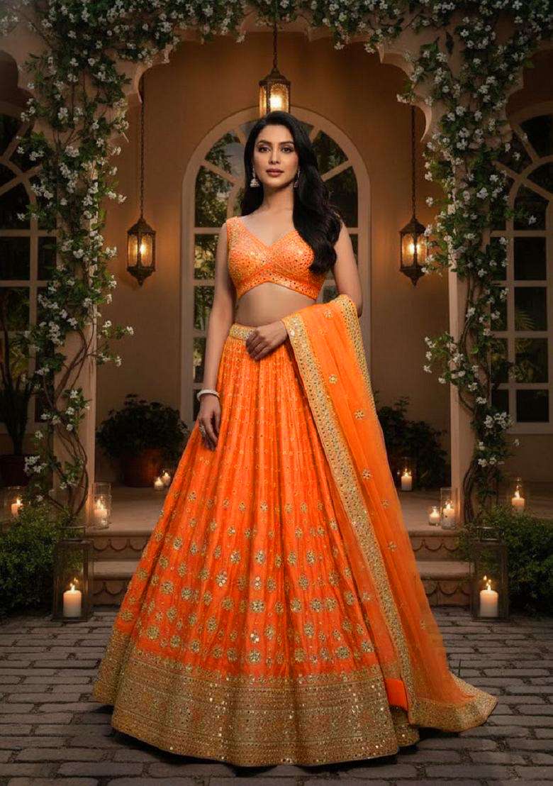 Orange Embroidery Silk Blend Lehenga Set for Diwali and Festive Wear - Indya