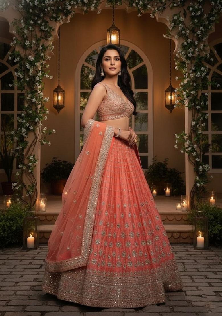 Orange Embroidery Silk Lehenga Set - Indya