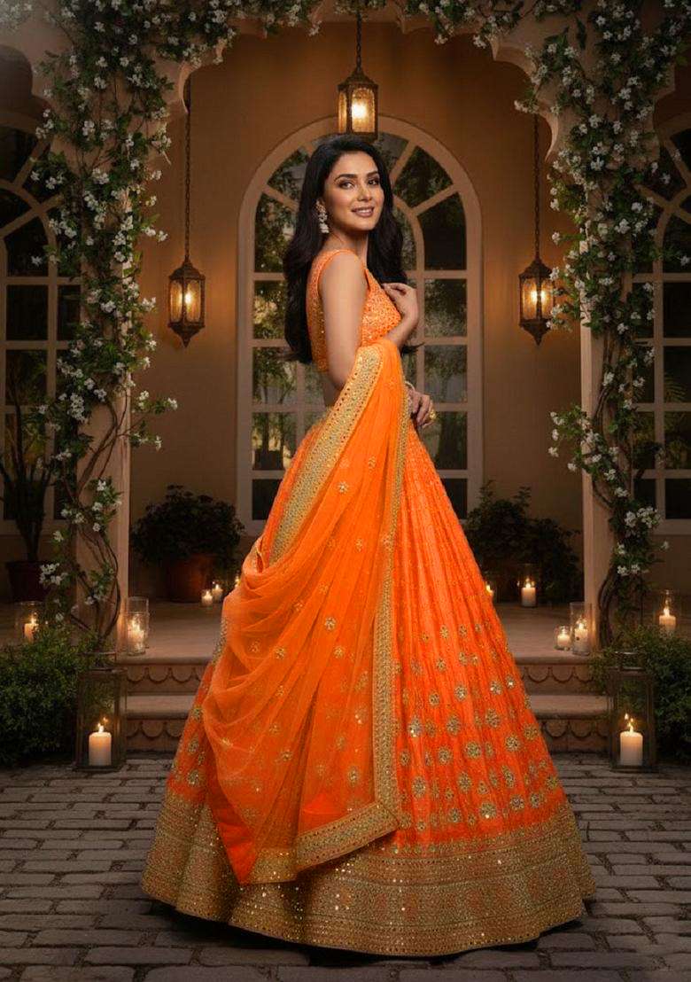 Orange Embroidery Silk Blend Lehenga Set for Diwali and Festive Wear - Indya