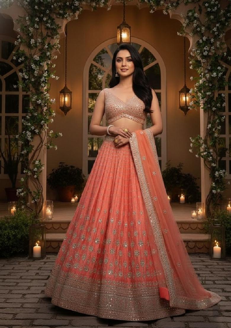 Orange Embroidery Silk Lehenga Set - Indya