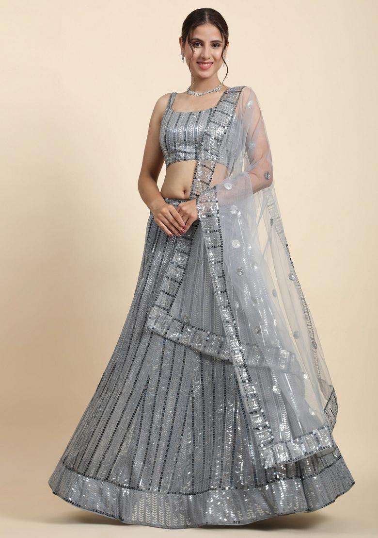Grey Embroidery Georgette Lehenga Set for Diwali and Festive Wear - Indya