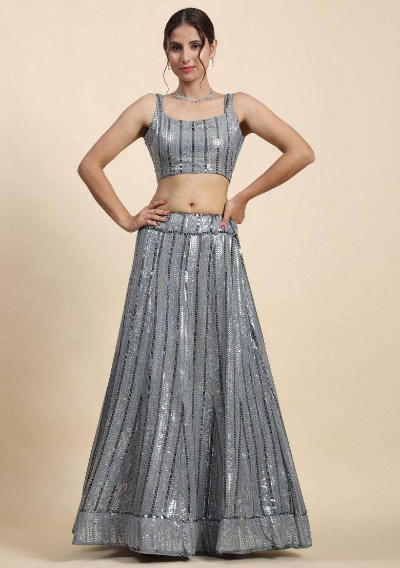 Grey Embroidery Georgette Lehenga Set for Diwali and Festive Wear - Indya