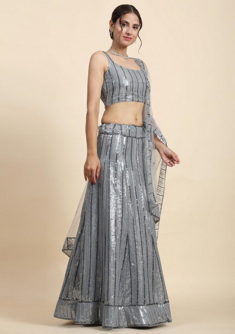 Grey Embroidery Georgette Lehenga Set - Indya