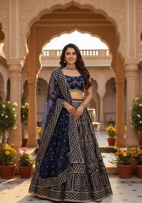 Blue Embroidery Silk Lehenga Set