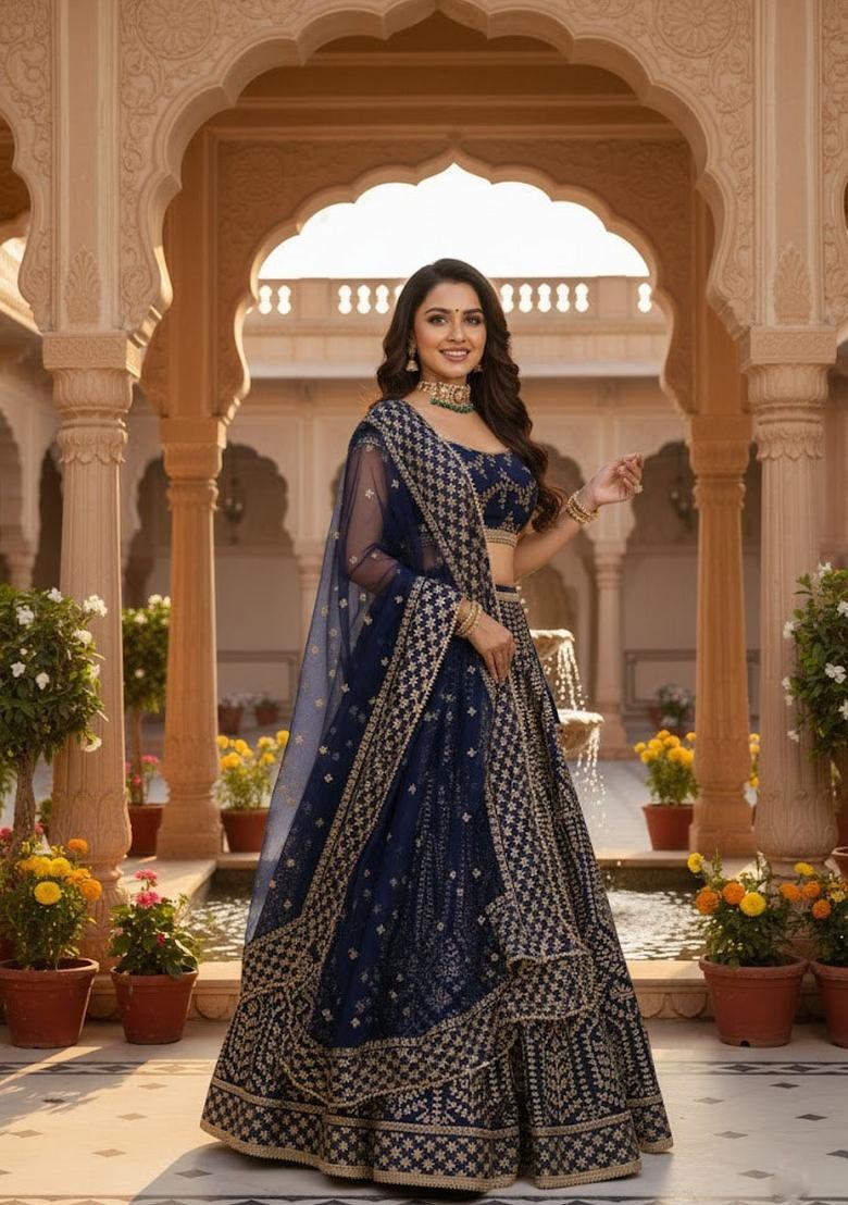Blue Embroidery Silk Lehenga Set - Indya