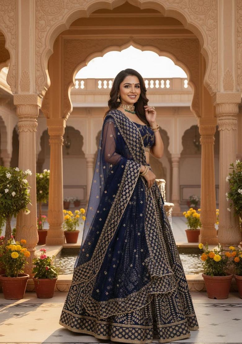 Blue Embroidery Silk Lehenga Set - Indya