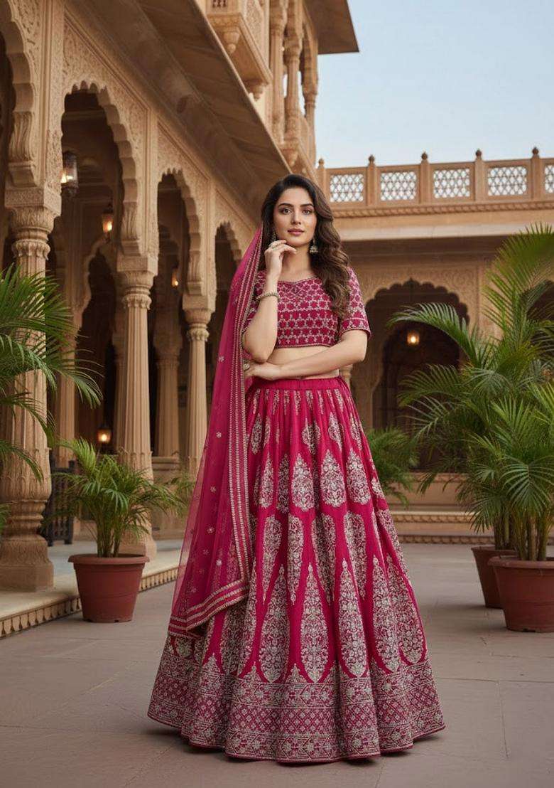 Cherry Red Embroidery Georgette Lehenga Set for Diwali and Festive Wear - Indya