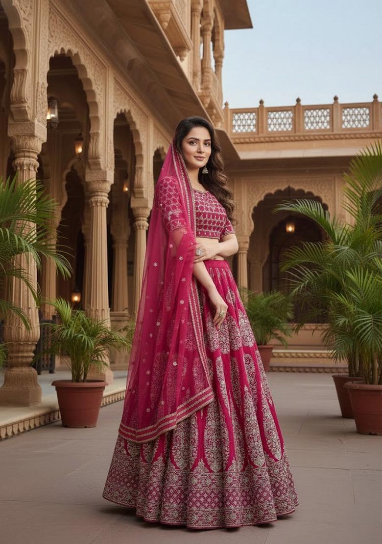 Cherry Red Embroidery Georgette Lehenga Set - Indya