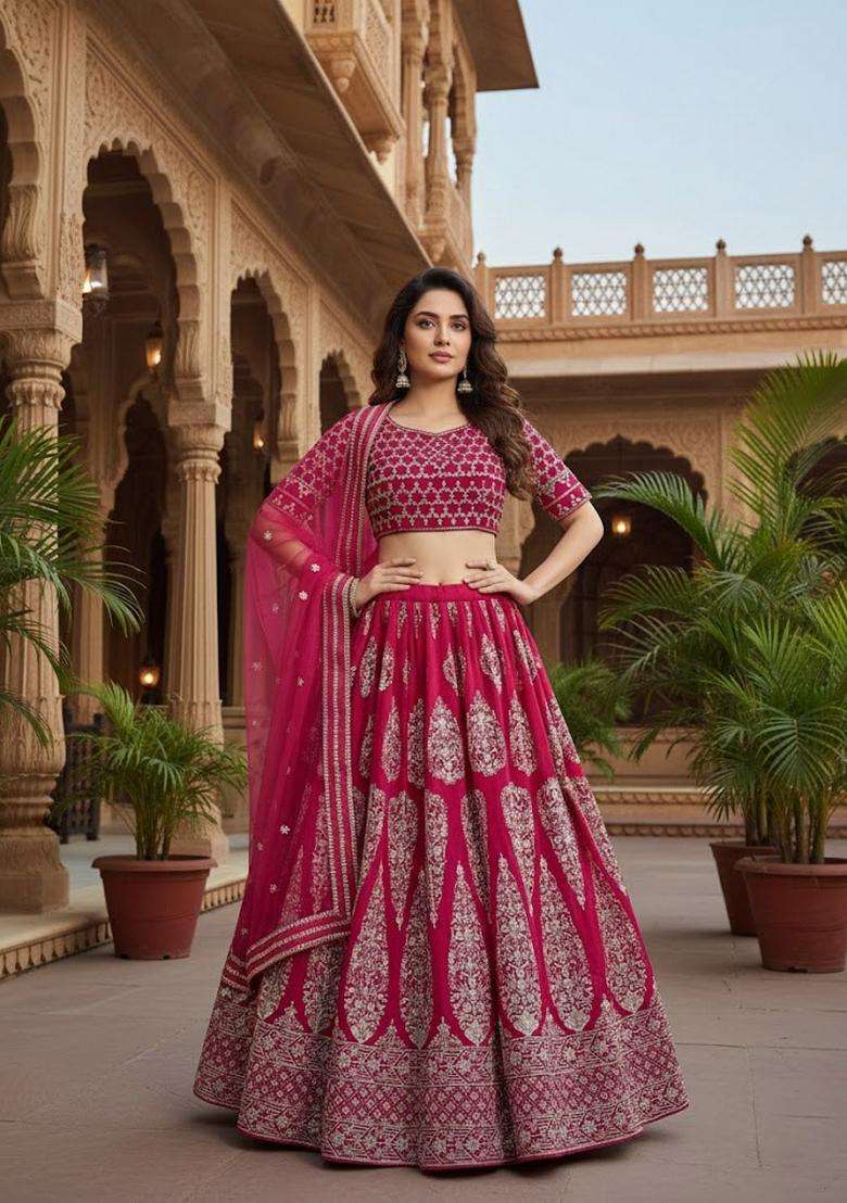 Cherry Red Embroidery Georgette Lehenga Set for Diwali and Festive Wear - Indya