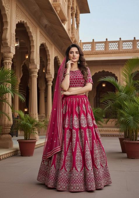 Cherry Red Embroidery Georgette Lehenga Set