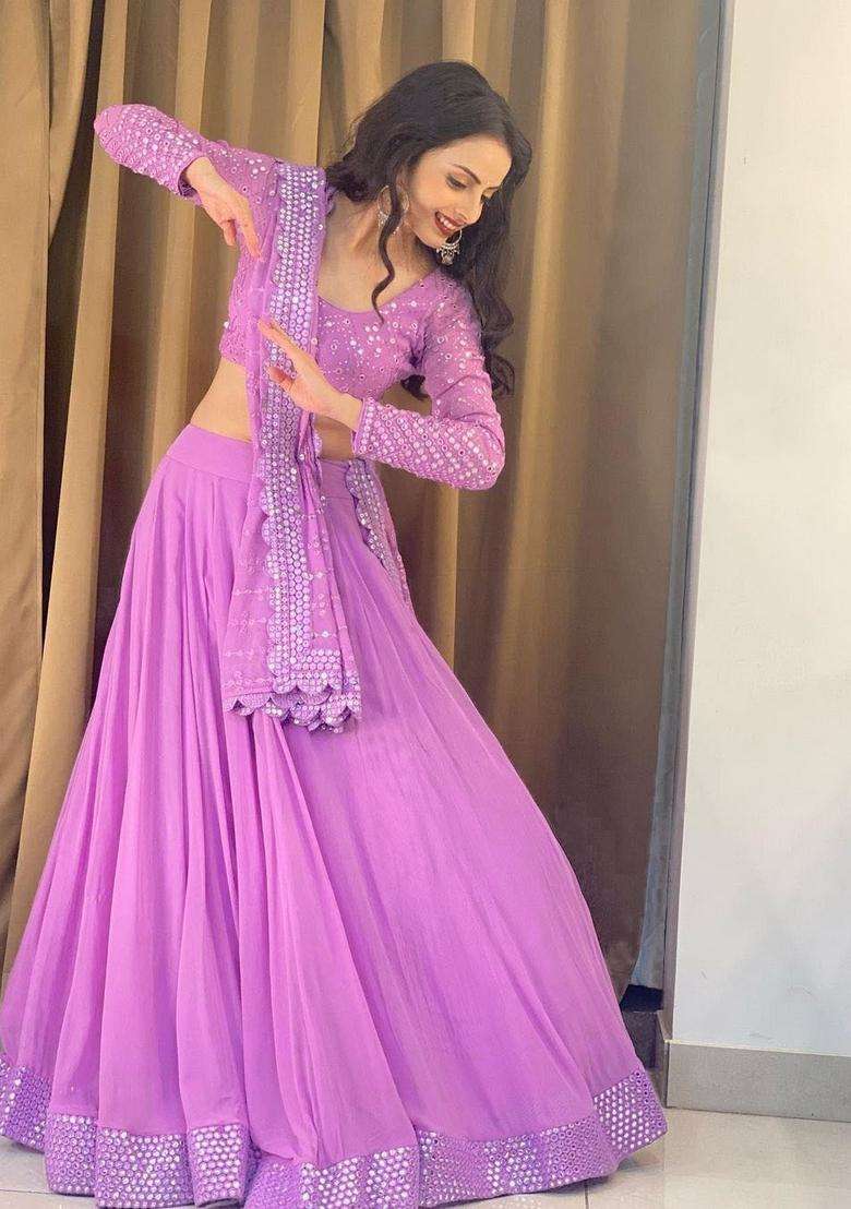 Lavender Georgette Lehenga Set with Embroidery for Diwali | Wedding & Festive Wear - Indya