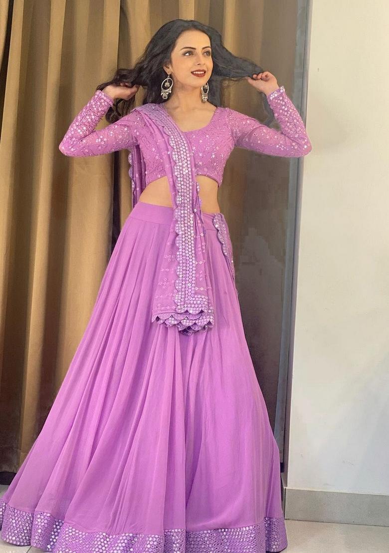 Lavender Embroidery Georgette Lehenga Set - Indya