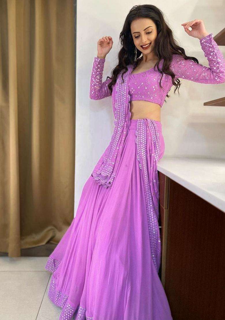 Lavender Georgette Lehenga Set with Embroidery for Diwali | Wedding & Festive Wear - Indya