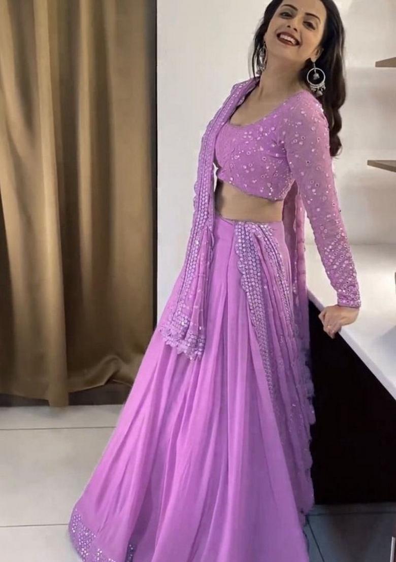 Lavender Embroidery Georgette Lehenga Set - Indya