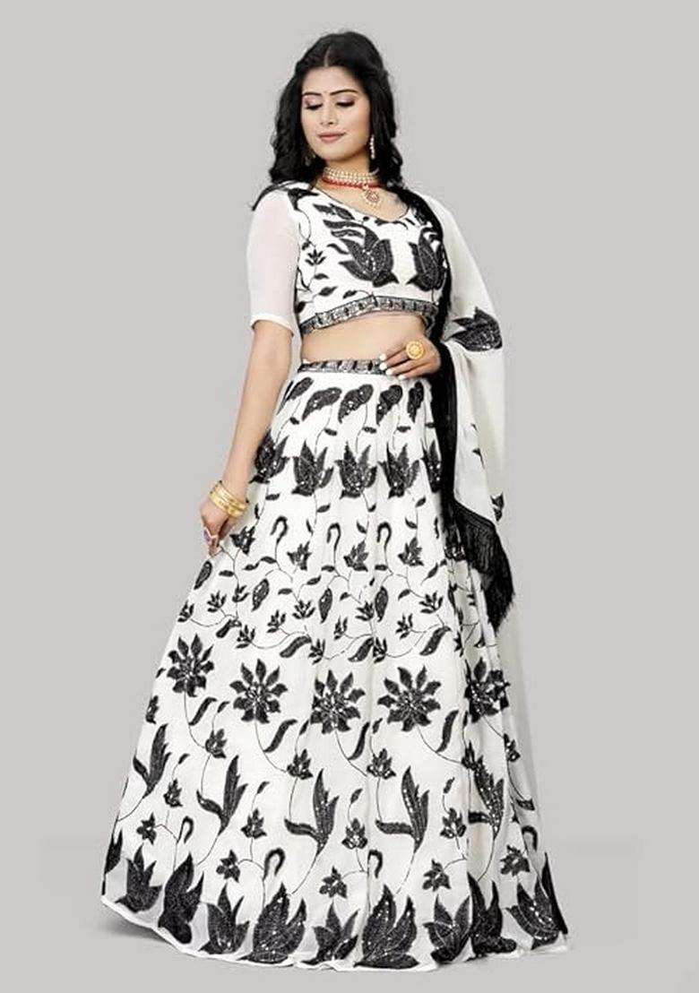 Black And Off White Embroidery Georgette Lehenga Set for Diwali and Festive Wear - Indya