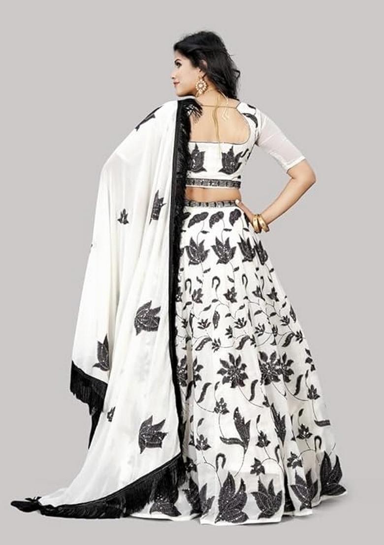 Black And Off White Embroidery Georgette Lehenga Set - Indya