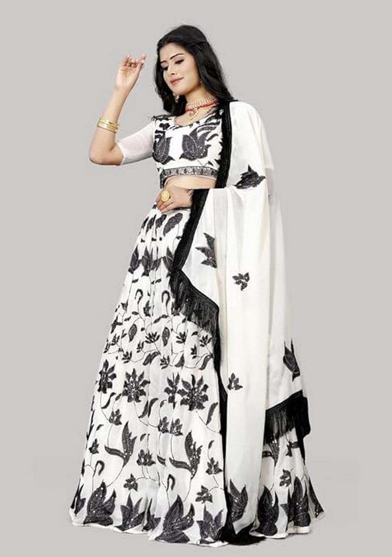 Black And Off White Embroidery Georgette Lehenga Set for Diwali and Festive Wear - Indya