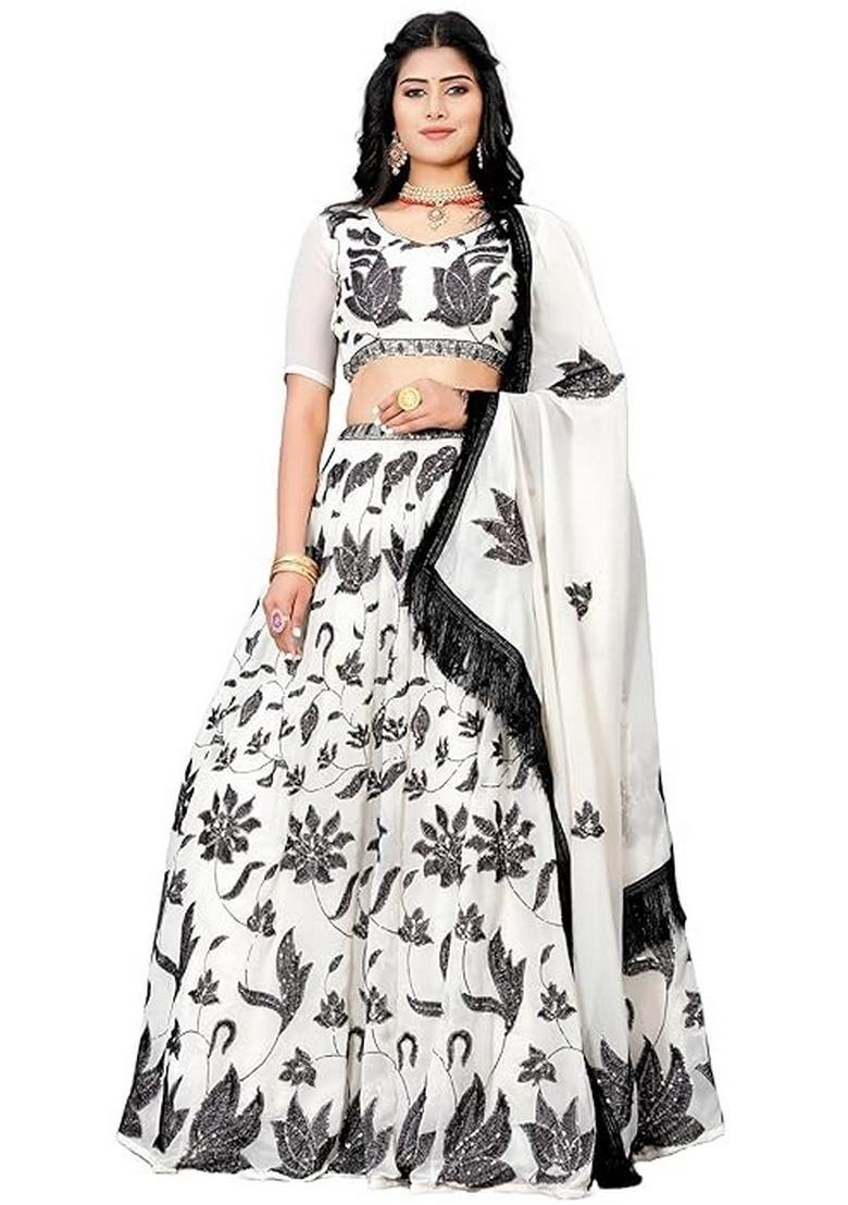 Black And Off White Embroidery Georgette Lehenga Set - Indya