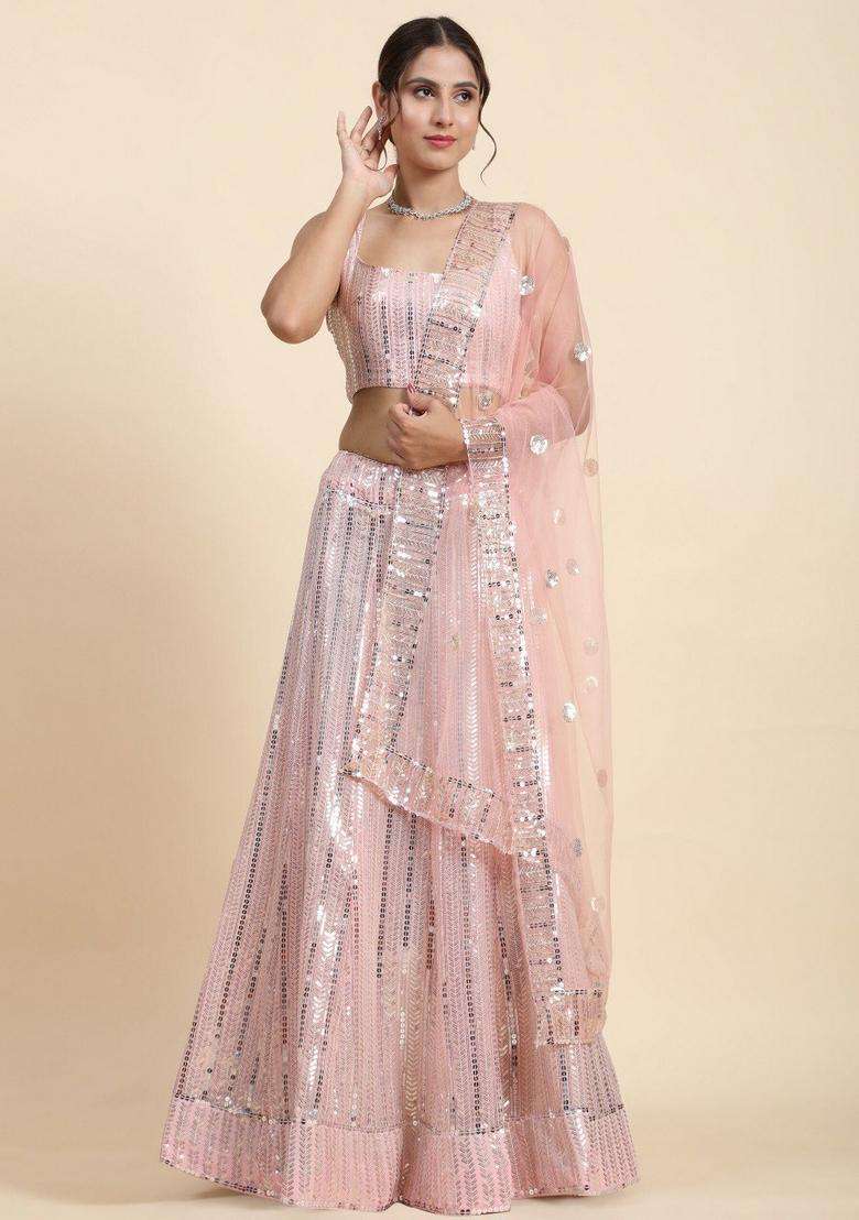 Pink Embroidery Georgette Lehenga Set for Diwali and Festive Wear - Indya