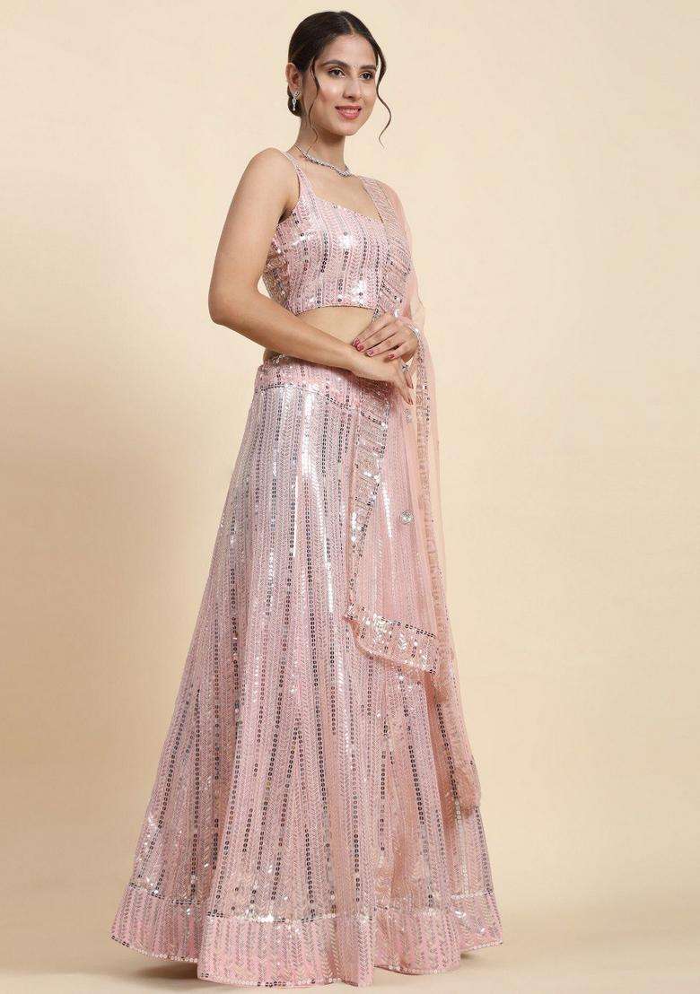 Pink Embroidery Georgette Lehenga Set for Diwali and Festive Wear - Indya