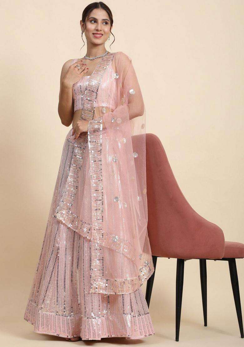 Pink Embroidery Georgette Lehenga Set for Diwali and Festive Wear - Indya