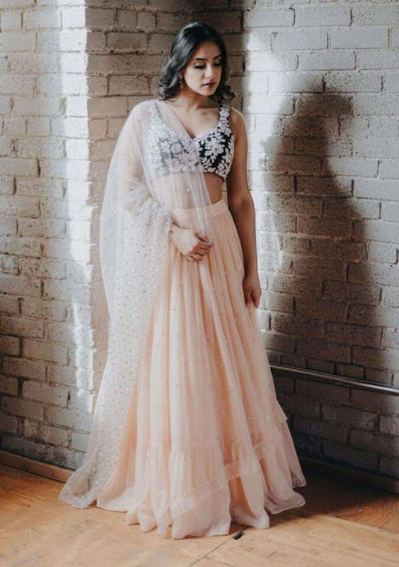 Peach Georgette Lehenga Set with Embroidery for Diwali | Wedding & Festive Wear - Indya