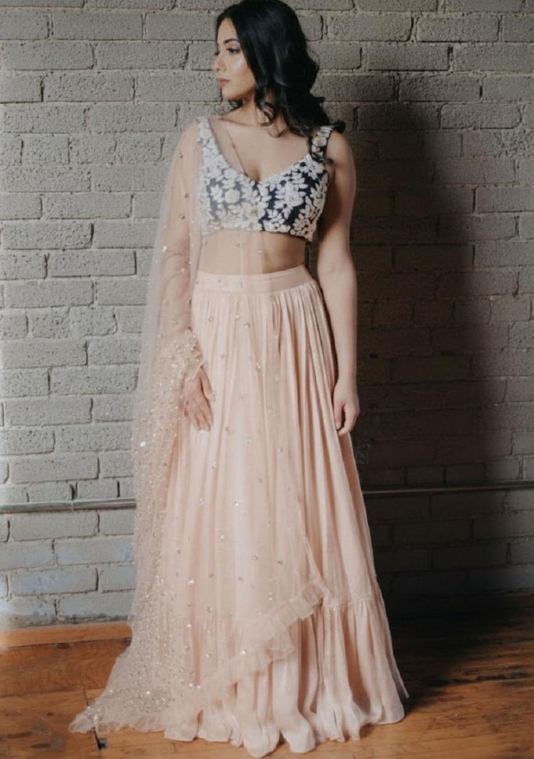Peach Embroidery Georgette Lehenga Set - Indya