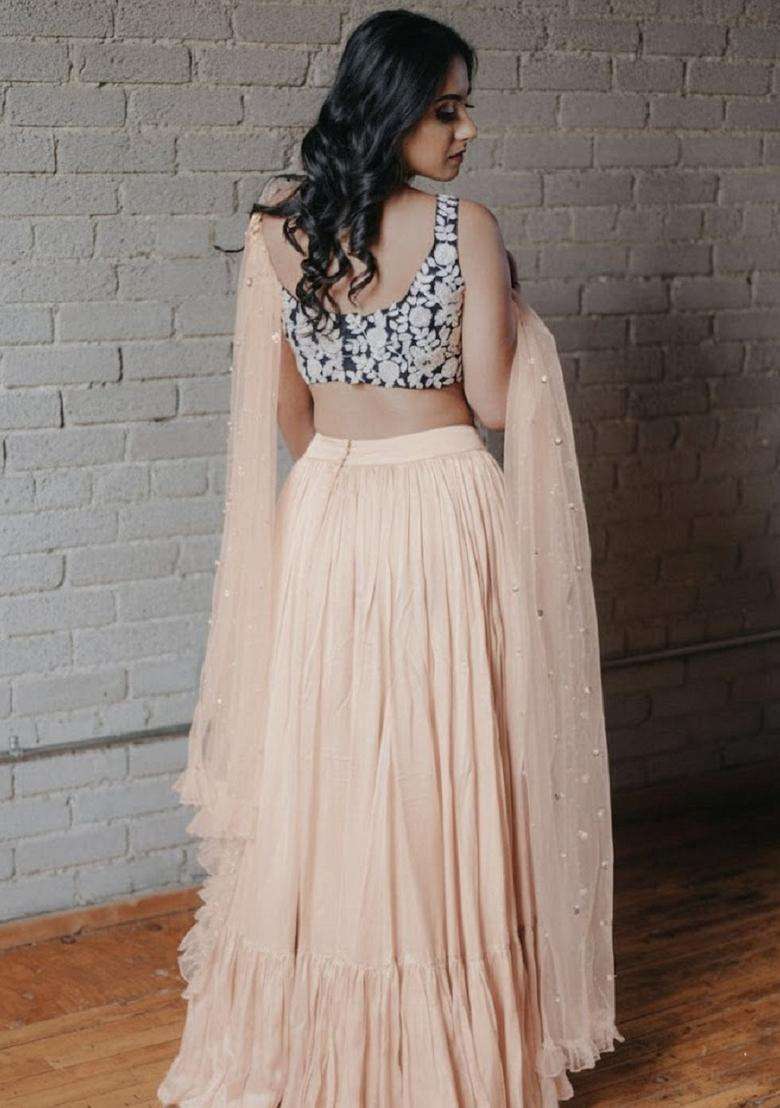 Peach Georgette Lehenga Set with Embroidery for Diwali | Wedding & Festive Wear - Indya