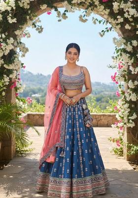 Blue Embroidery Chinon Lehenga Set