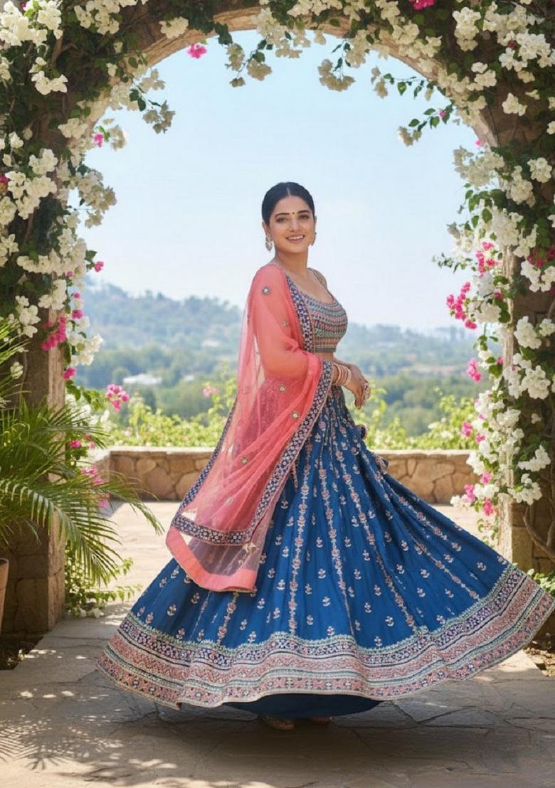 Blue Embroidery Chinon Lehenga Set - Indya