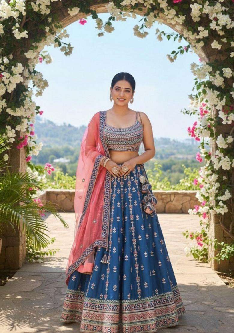 Blue Embroidery Chinon Lehenga Set for Diwali and Festive Wear - Indya