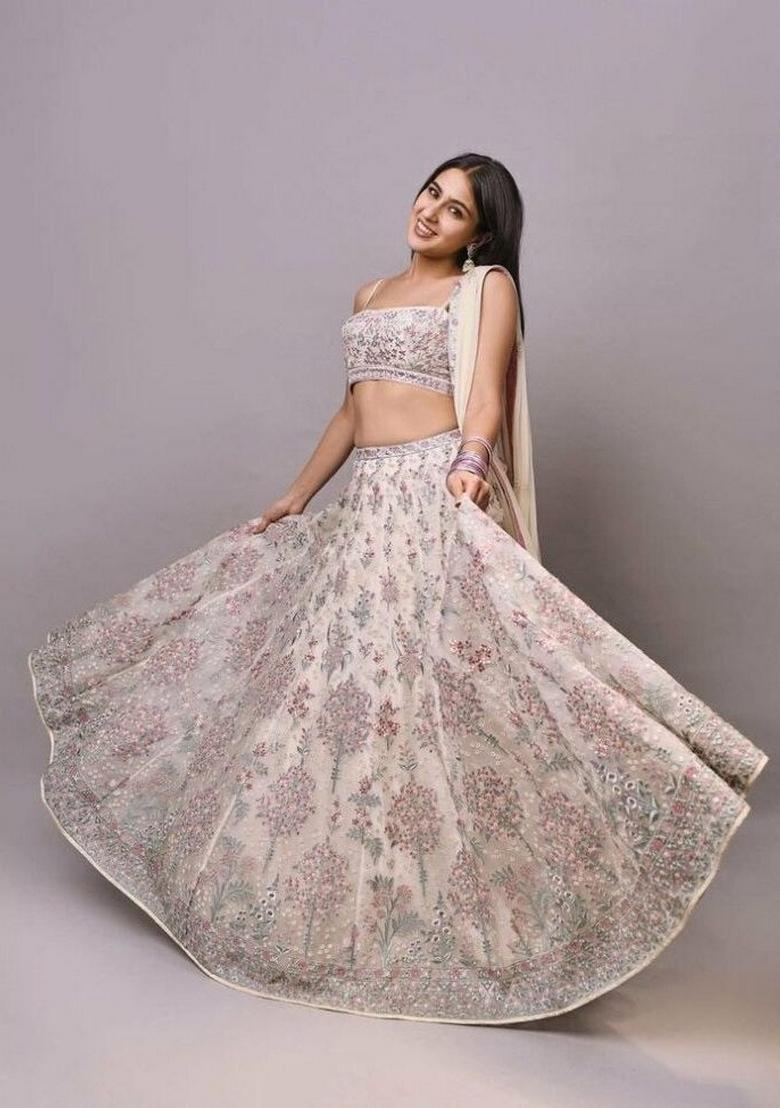 Cream Embroidery Georgette Lehenga Set - Indya