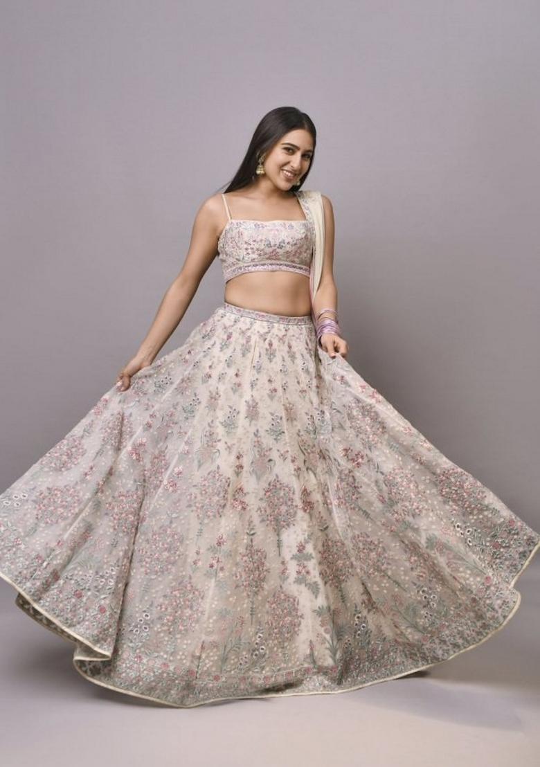 Cream Embroidery Georgette Lehenga Set - Indya
