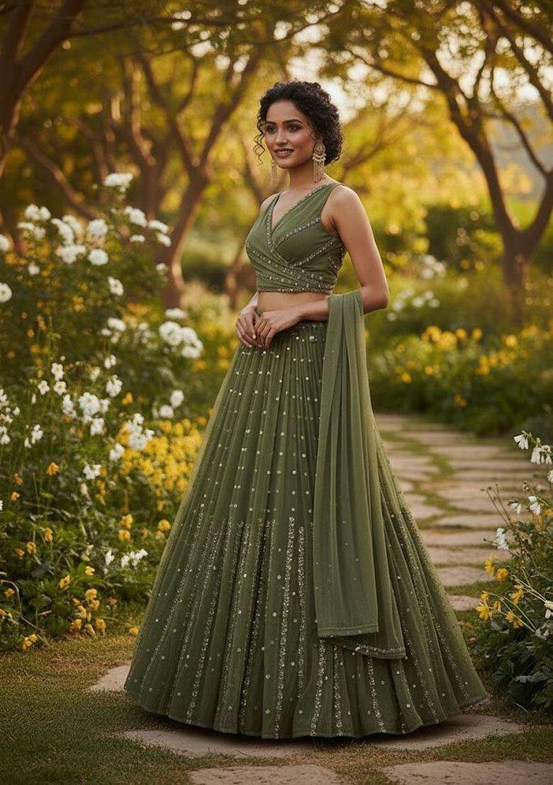 Olive Green Embroidery Georgette Lehenga Set for Diwali and Festive Wear - Indya
