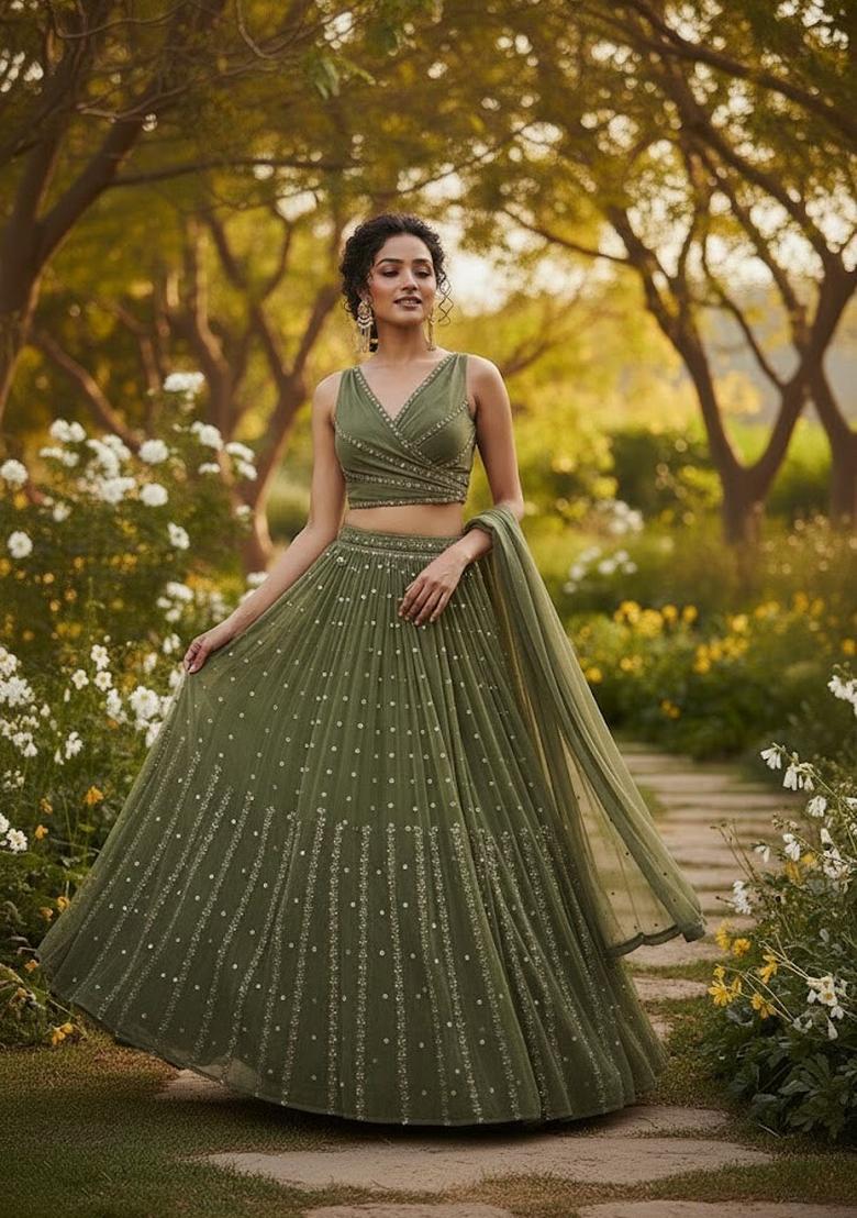 Off White Embroidery Georgette Lehenga Set - Indya