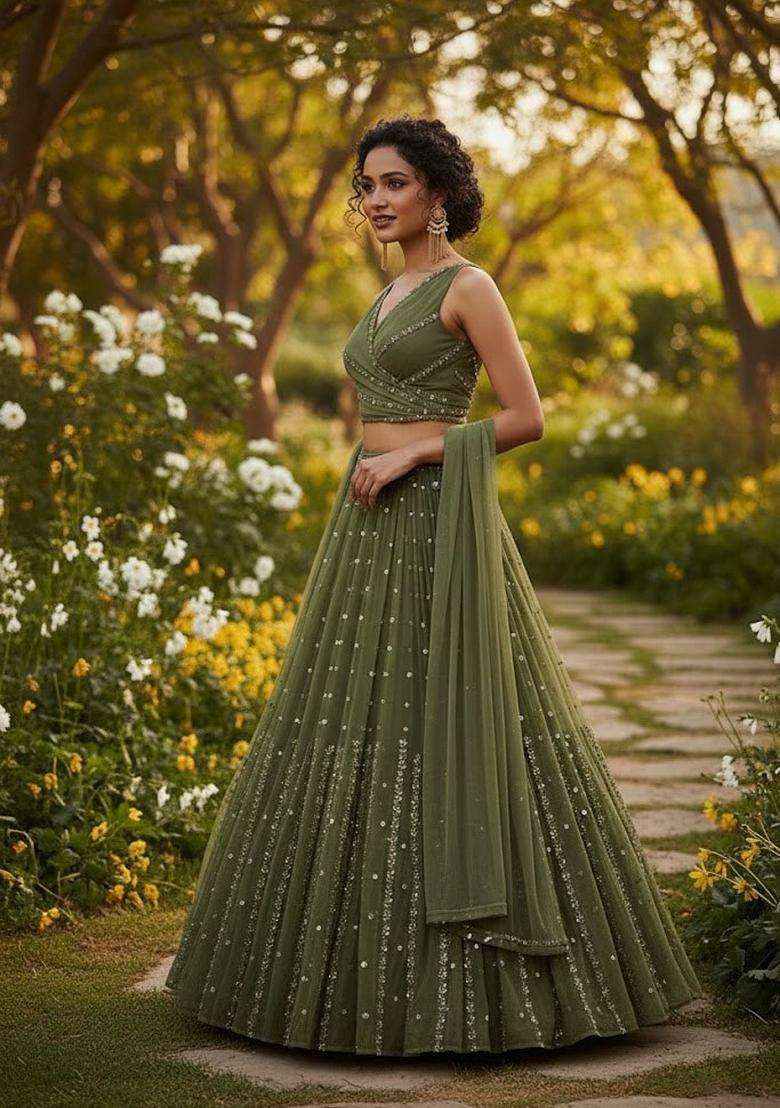 Olive Green Embroidery Georgette Lehenga Set for Diwali and Festive Wear - Indya