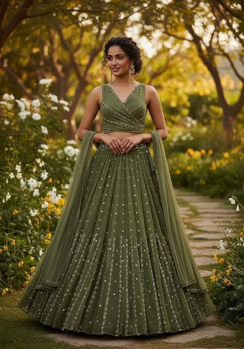 Off White Embroidery Georgette Lehenga Set