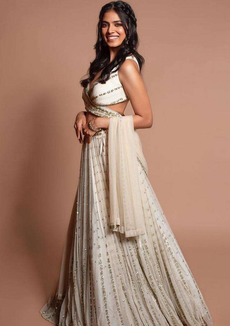 Off White Embroidery Georgette Lehenga Set for Diwali and Festive Wear - Indya