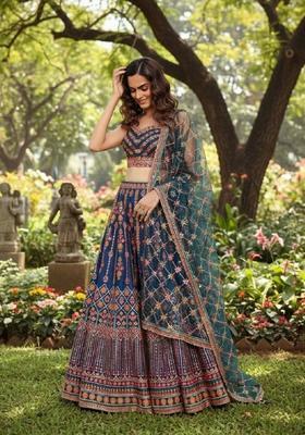 Blue Embroidery Chinon Lehenga Set