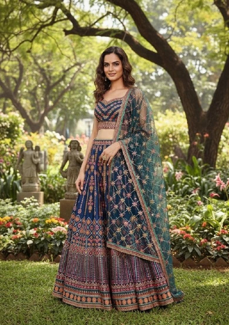 Blue Embroidery Chinon Lehenga Set - Indya
