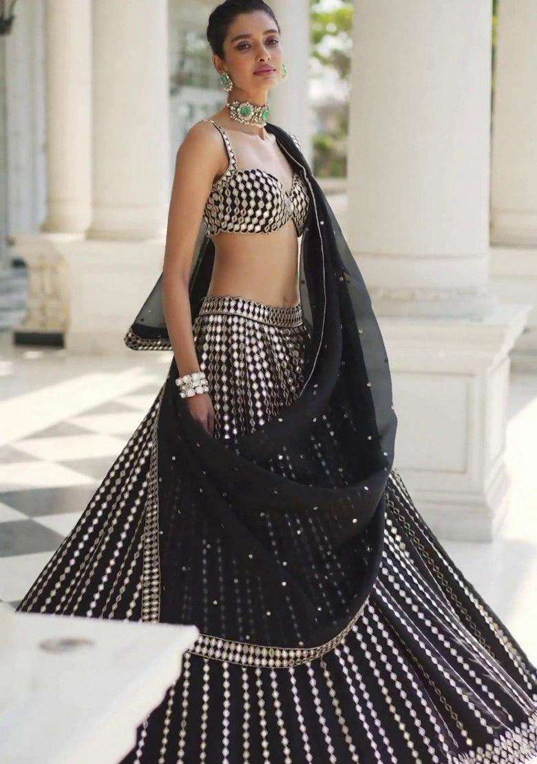 Black Embroidery Organza Lehenga Set for Diwali and Festive Wear - Indya