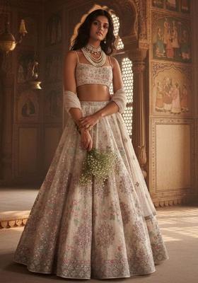 Cream Embroidery Georgette Lehenga Set