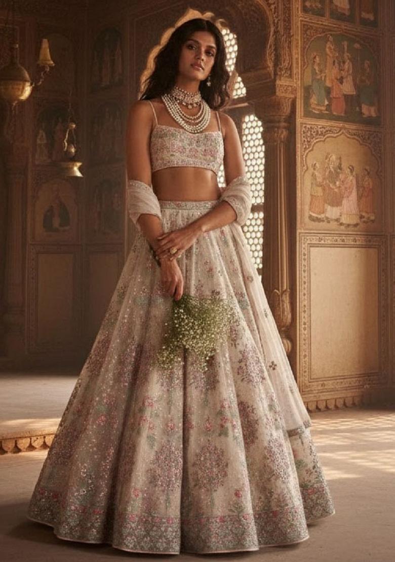 Cream Embroidery Georgette Lehenga Set - Indya