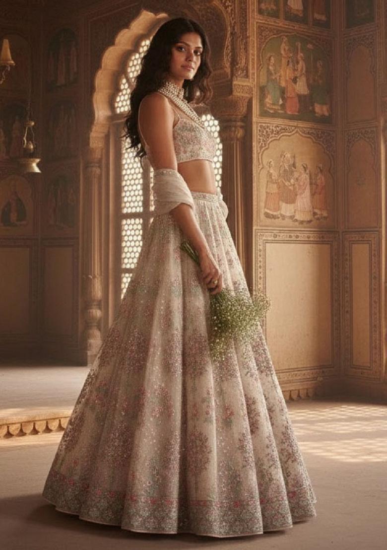 Cream Embroidery Georgette Lehenga Set - Indya