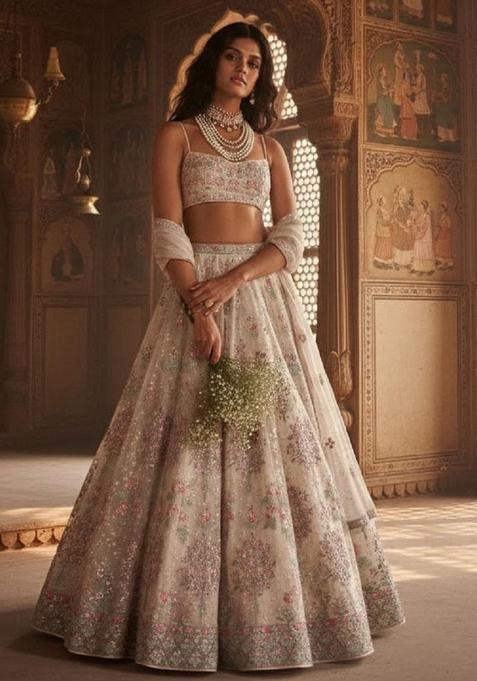 Cream Embroidery Georgette Lehenga Set