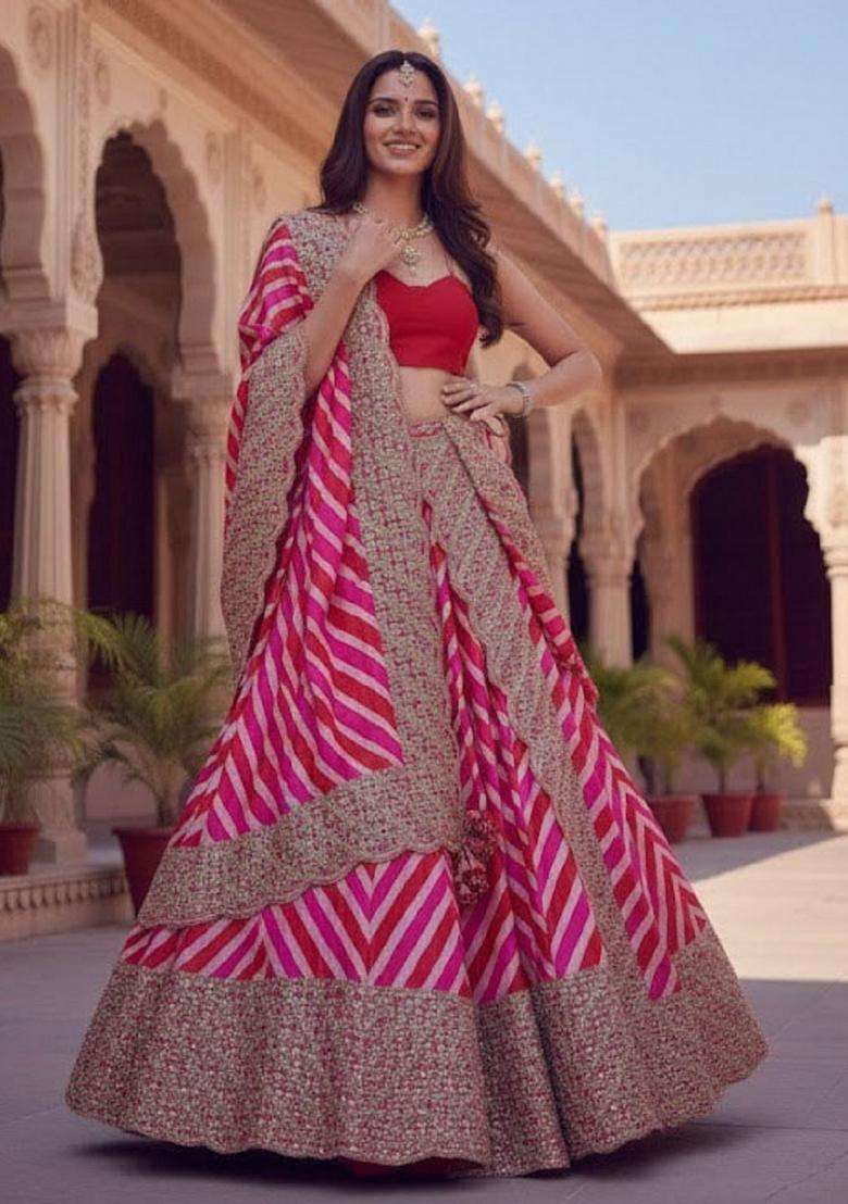 Multicolor Embroidery Georgette Lehenga Set for Diwali and Festive Wear - Indya