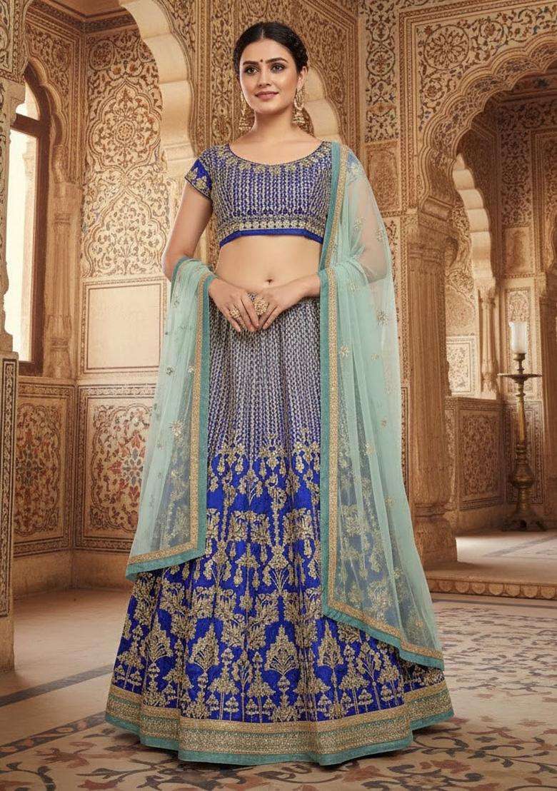 Royal Blue Net Lehenga Set with Embroidery for Diwali | Wedding & Festive Wear - Indya